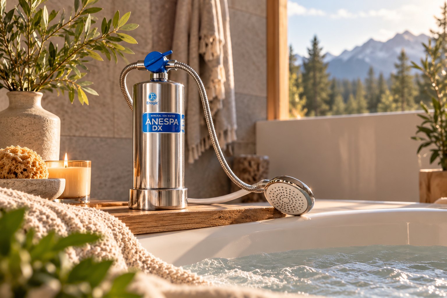 The Enagic Anespa DX beside a bath overlooking the mountains